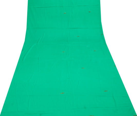 Sushila Vintage Green Sari Remnant Scrap Blend Silk Embroidered Craft Fabric