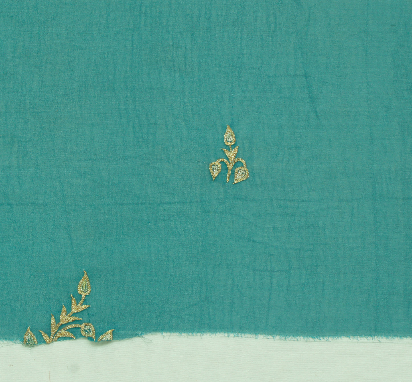 Sushila Vintage Green Sari Remnant Scrap Blend Georgette Embroidered Fabric