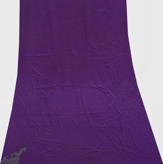 Sushila Vintage Purple Sari Remnant Scrap Pure Crepe Embroidered Craft Fabric