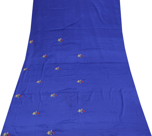 Sushila Vintage Blue Sari Remnant Scrap Blend Silk Hand Embroidered Craft Fabric