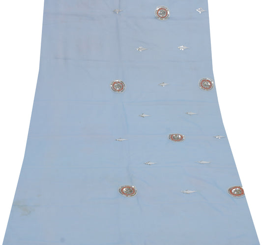 Sushila Vintage Blue Sari Remnant Scrap Pure Georgette Embroidered Craft Fabric