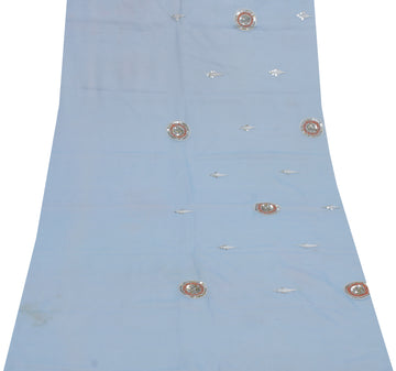 Sushila Vintage Blue Sari Remnant Scrap Pure Georgette Embroidered Craft Fabric