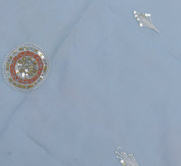 Sushila Vintage Blue Sari Remnant Scrap Pure Georgette Embroidered Craft Fabric