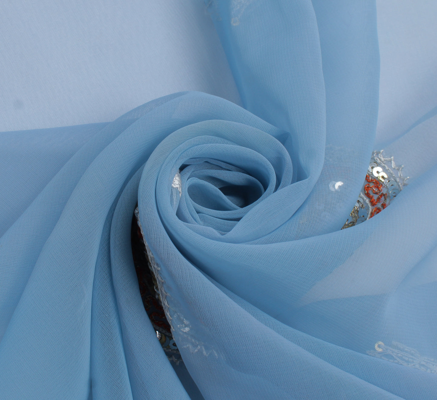 Sushila Vintage Blue Sari Remnant Scrap Pure Georgette Embroidered Craft Fabric