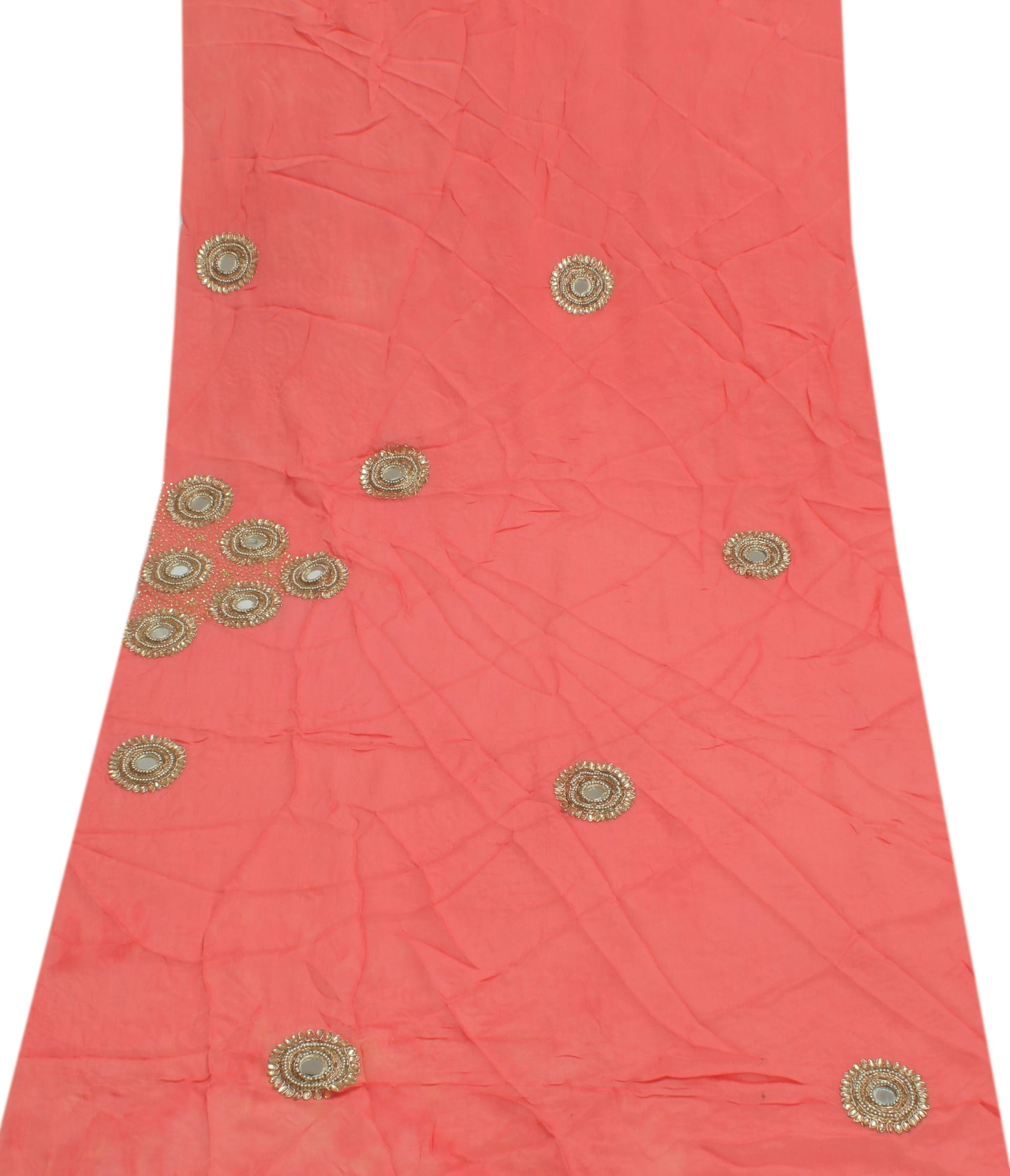 Sushila Vintage Peach Sari Remnant Scrap Pure Silk Embroidered Craft Fabric