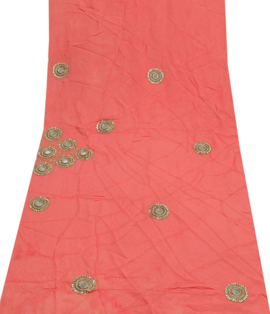 Sushila Vintage Peach Sari Remnant Scrap Pure Silk Embroidered Craft Fabric