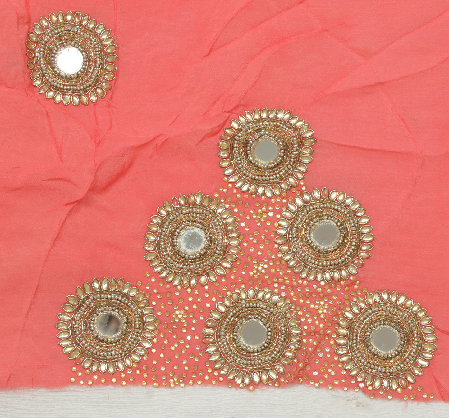 Sushila Vintage Peach Sari Remnant Scrap Pure Silk Embroidered Craft Fabric