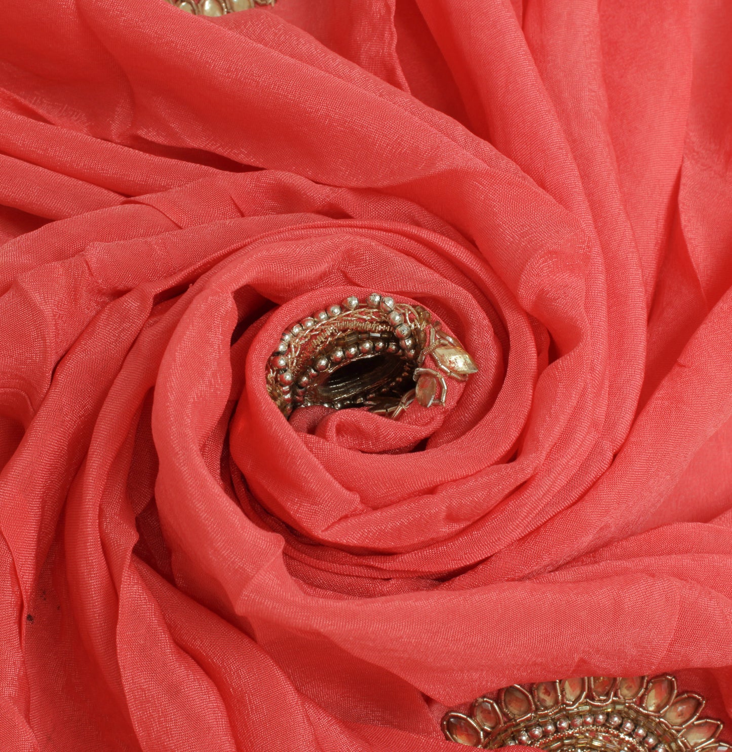 Sushila Vintage Peach Sari Remnant Scrap Pure Silk Embroidered Craft Fabric