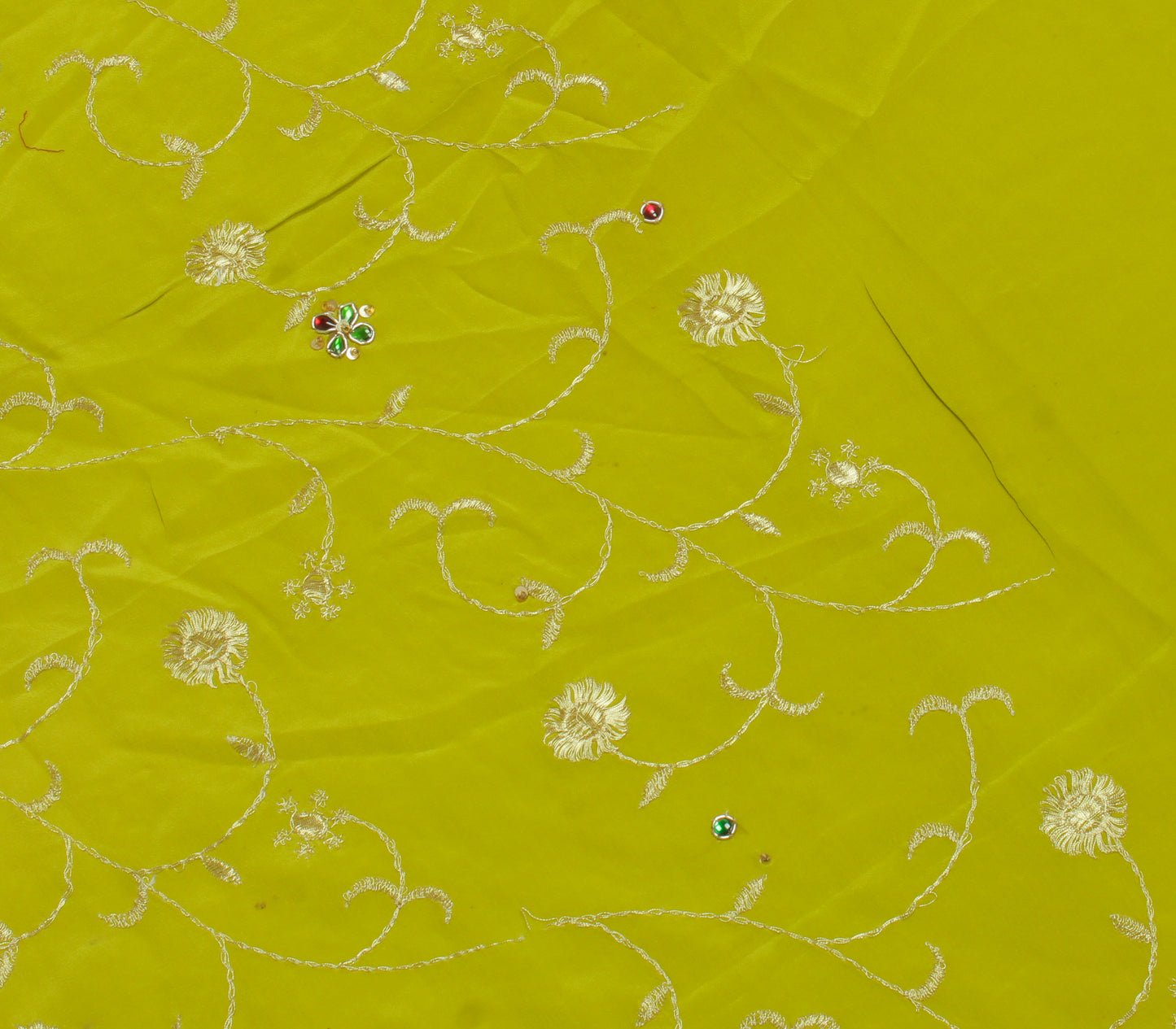 Sushila Vintage Green Sari Remnant Scrap Pure Crepe Embroidered Craft Fabric