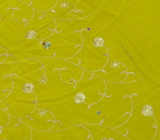 Sushila Vintage Green Sari Remnant Scrap Pure Crepe Embroidered Craft Fabric