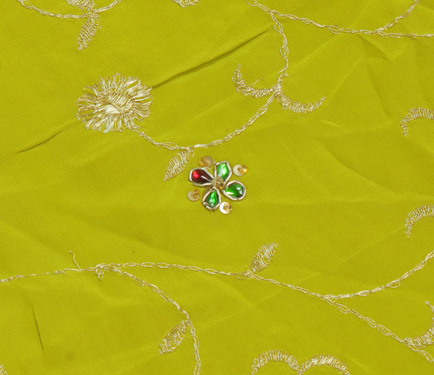 Sushila Vintage Green Sari Remnant Scrap Pure Crepe Embroidered Craft Fabric