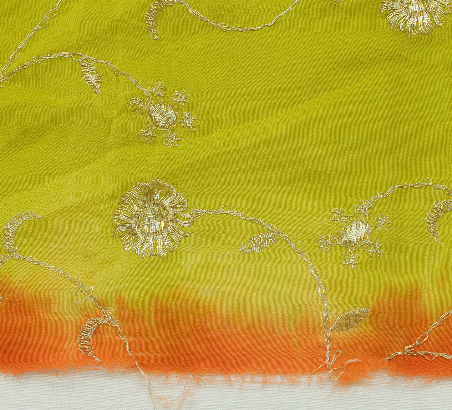 Sushila Vintage Green Sari Remnant Scrap Pure Crepe Embroidered Craft Fabric