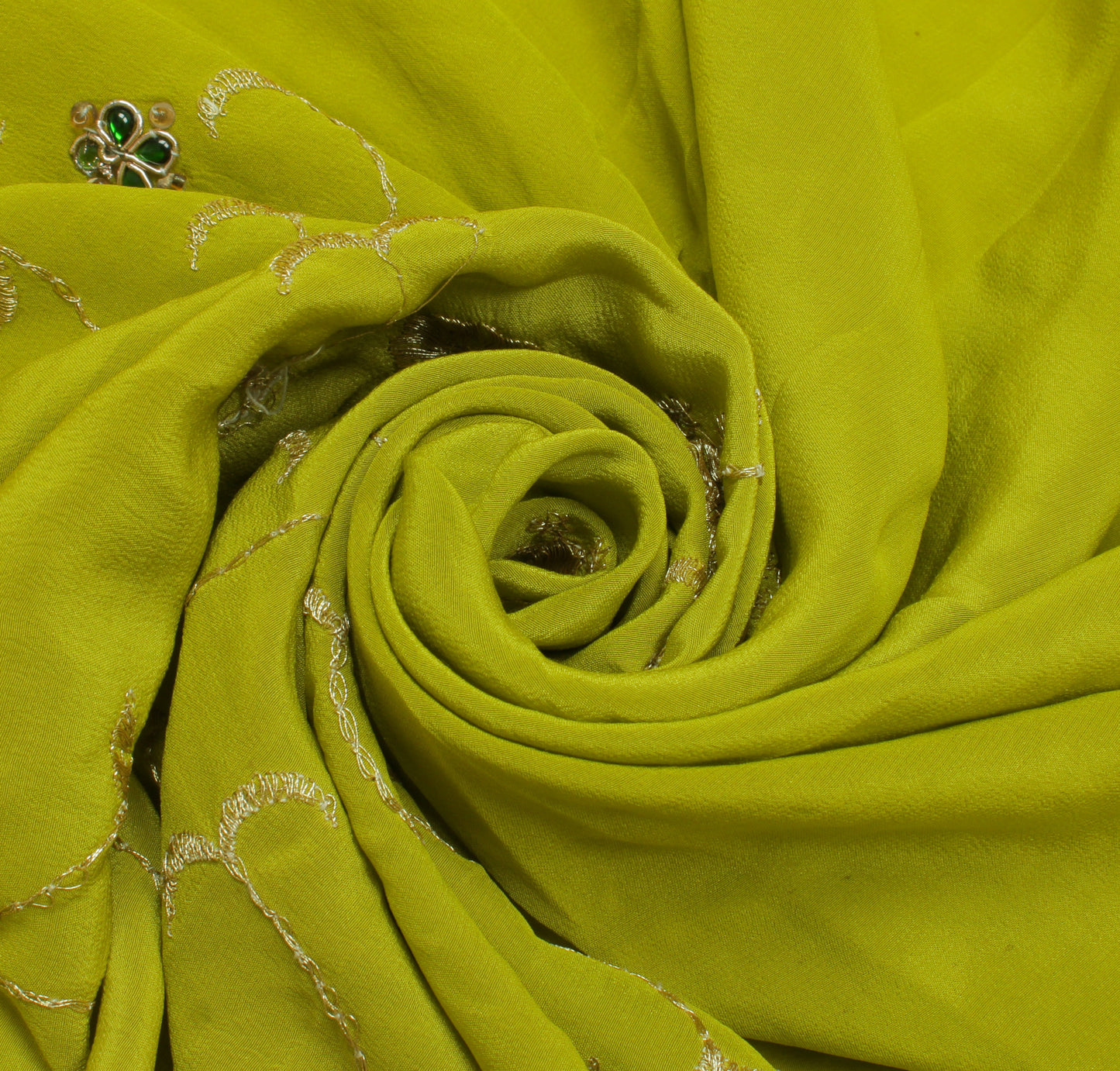 Sushila Vintage Green Sari Remnant Scrap Pure Crepe Embroidered Craft Fabric