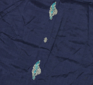 Sushila Vintage Blue Sari Remnant Scrap Pure Silk Baluchari Woven Craft Fabric