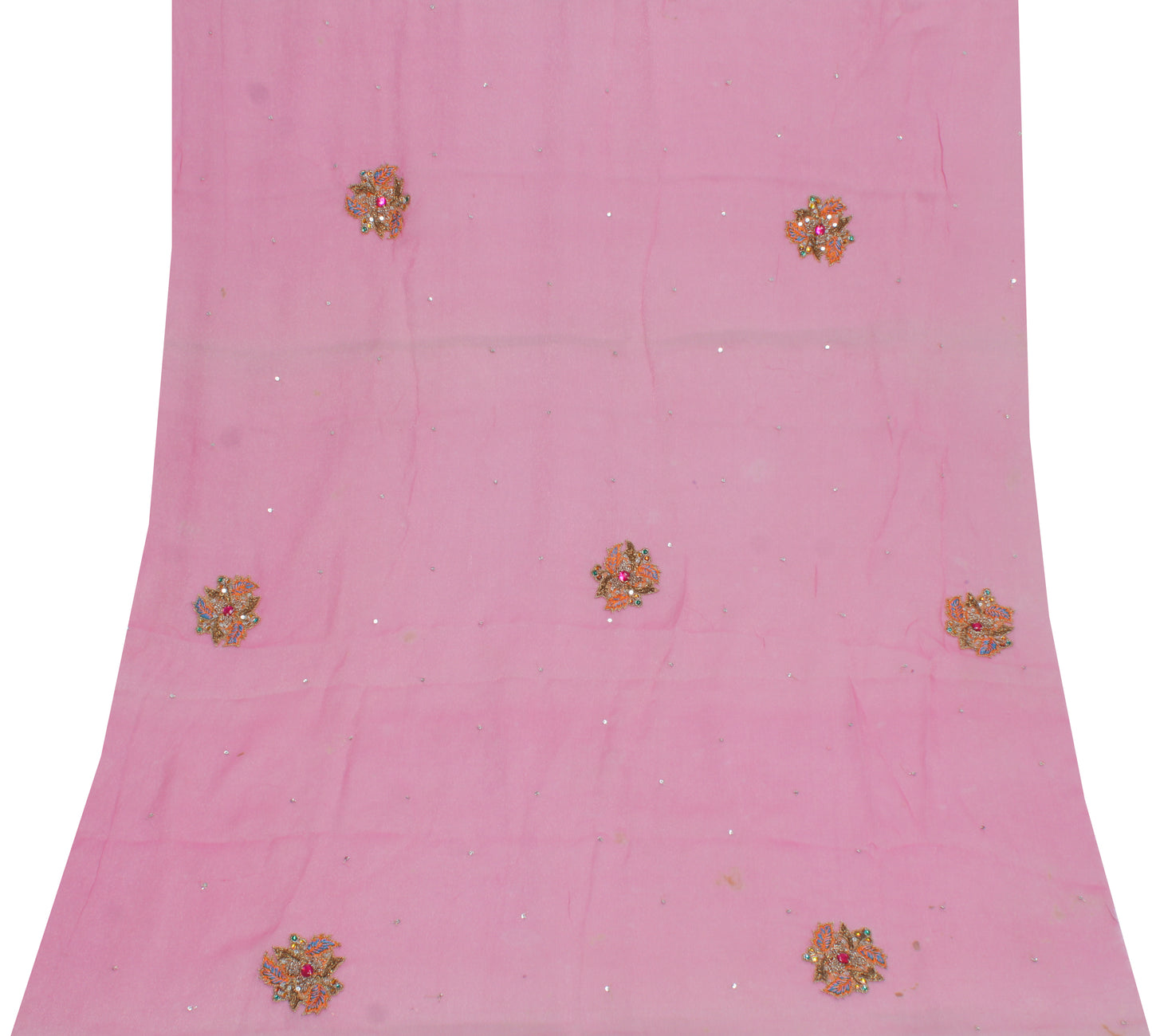 Sushila Vintage Pink Sari Remnant Scrap Blend Georgette Hand Beaded Craft Fabric
