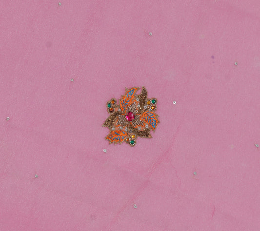 Sushila Vintage Pink Sari Remnant Scrap Blend Georgette Hand Beaded Craft Fabric