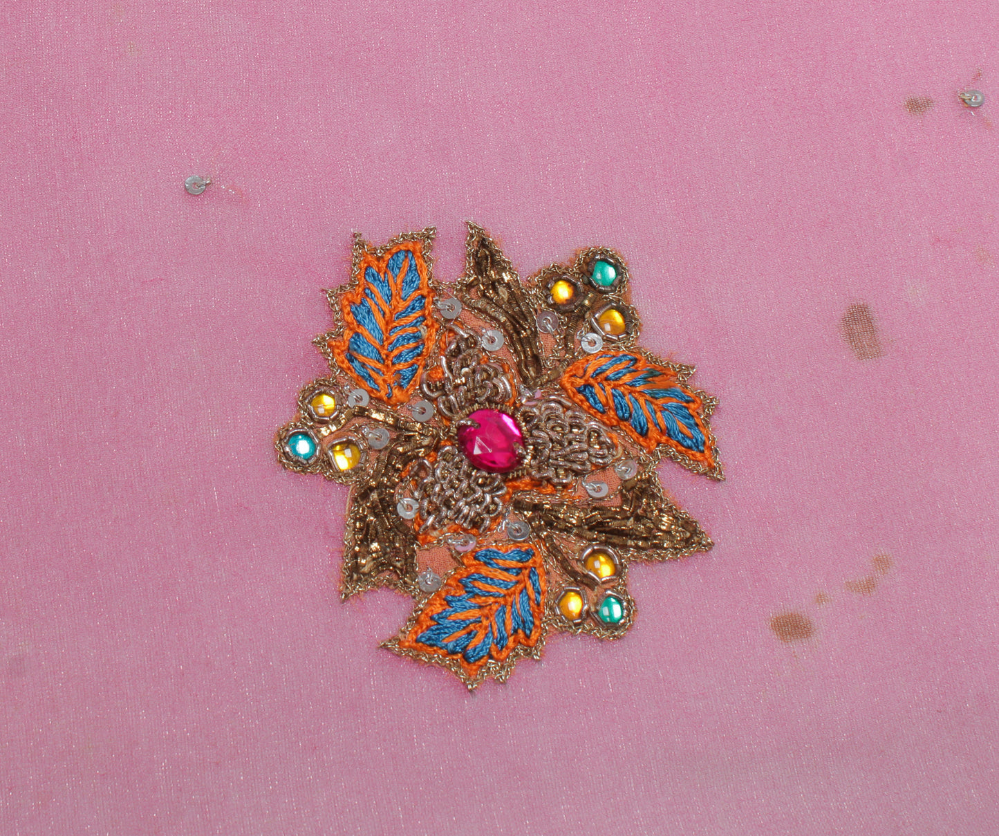 Sushila Vintage Pink Sari Remnant Scrap Blend Georgette Hand Beaded Craft Fabric