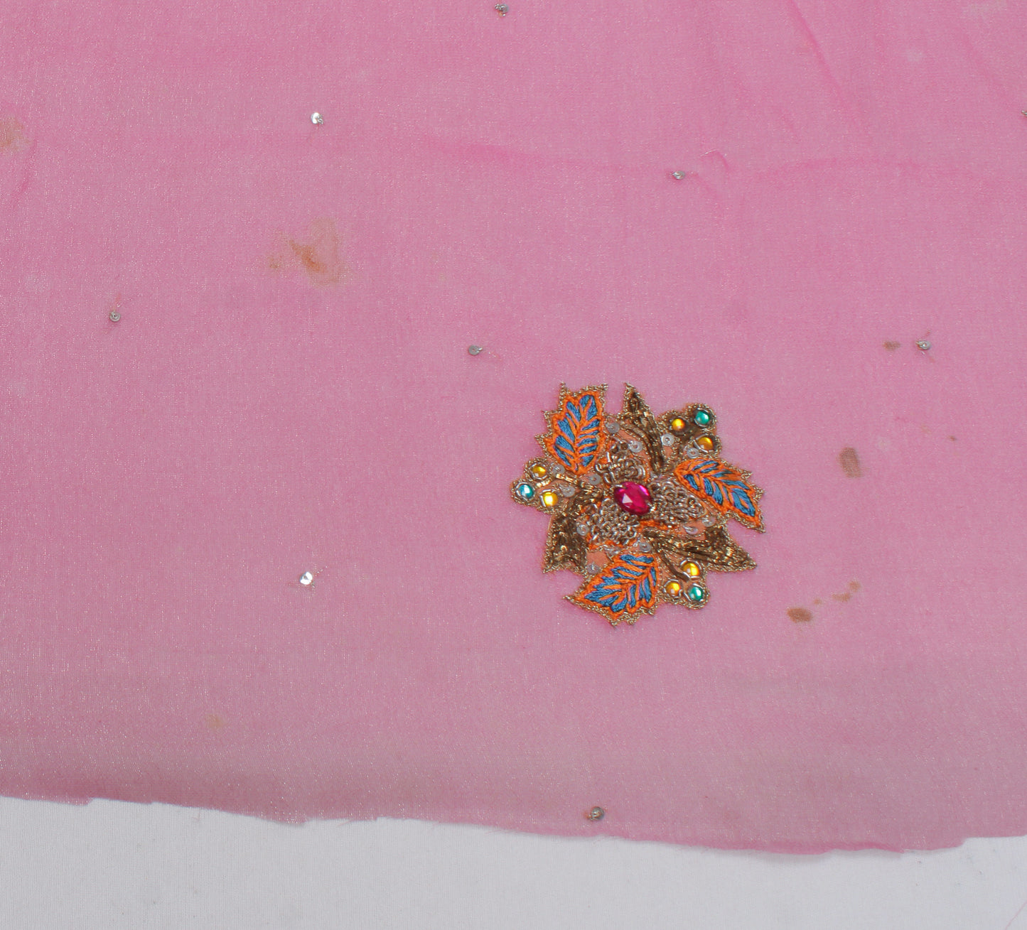 Sushila Vintage Pink Sari Remnant Scrap Blend Georgette Hand Beaded Craft Fabric