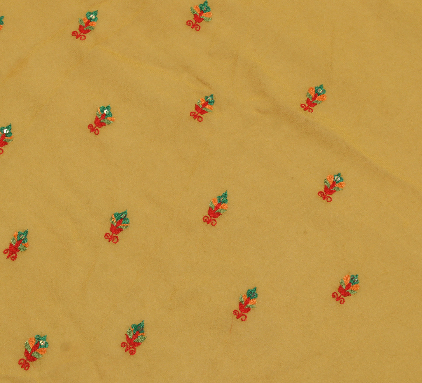 Sushila Vintage Green Sari Remnant Scrap Pure Georgette Embroidered Craft Fabric