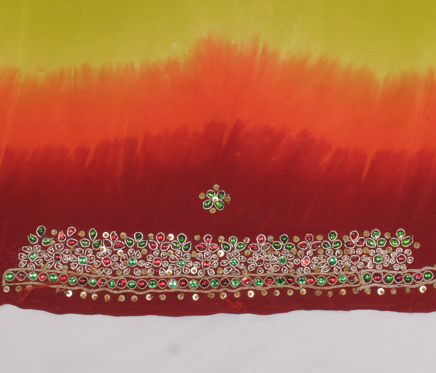 Sushila Vintage Green Sari Remnant Scrap Pure Crepe Hand Beaded Craft Fabric