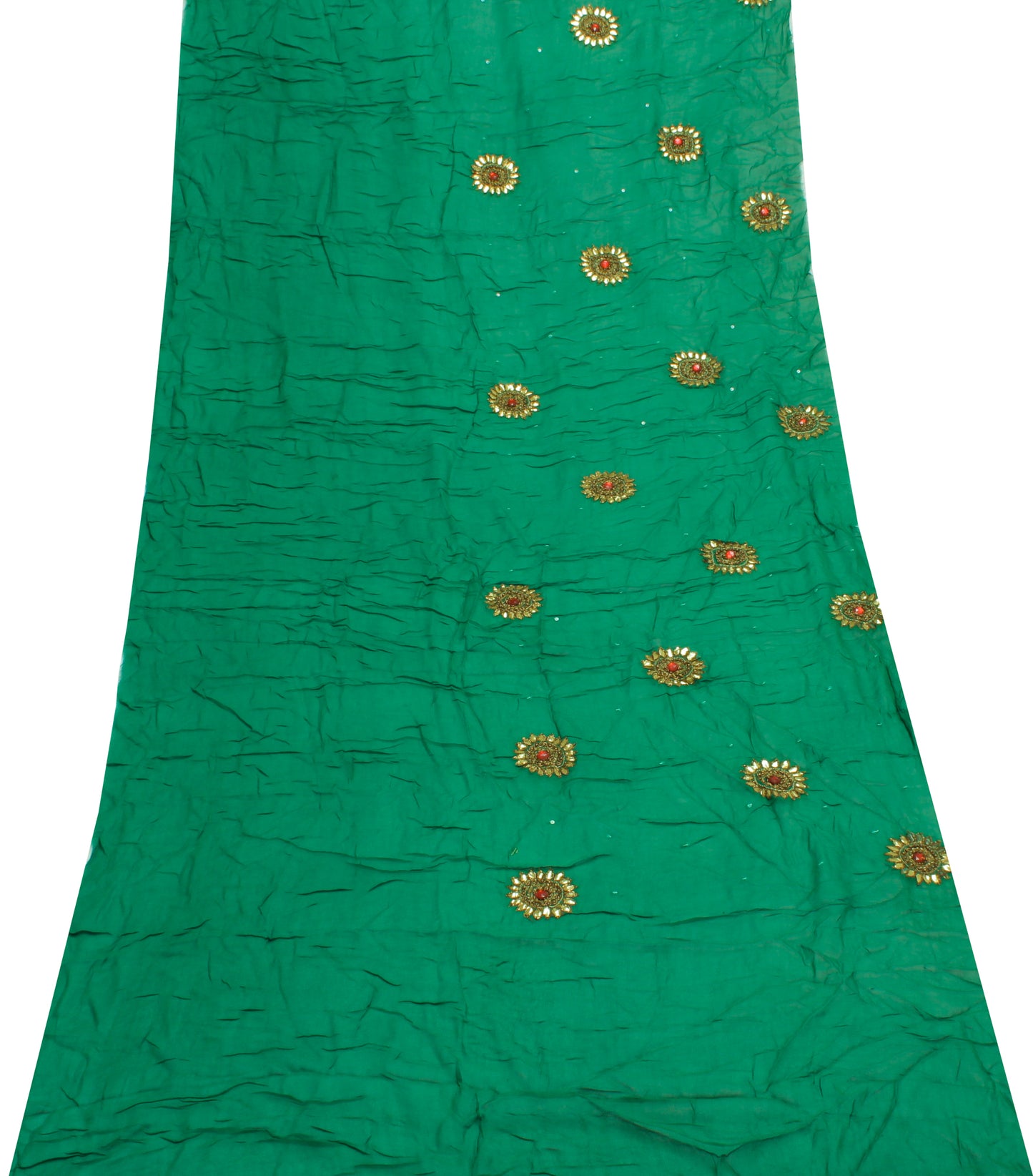 Sushila Vintage Green Sari Remnant Scrap Pure Georgette Hand Beaded Craft Fabric