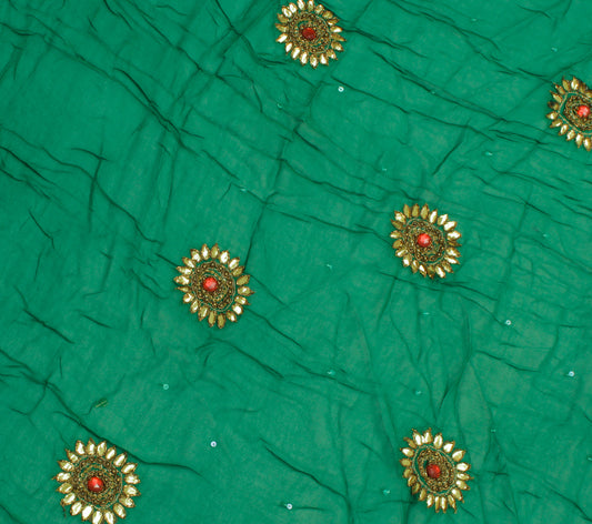 Sushila Vintage Green Sari Remnant Scrap Pure Georgette Hand Beaded Craft Fabric