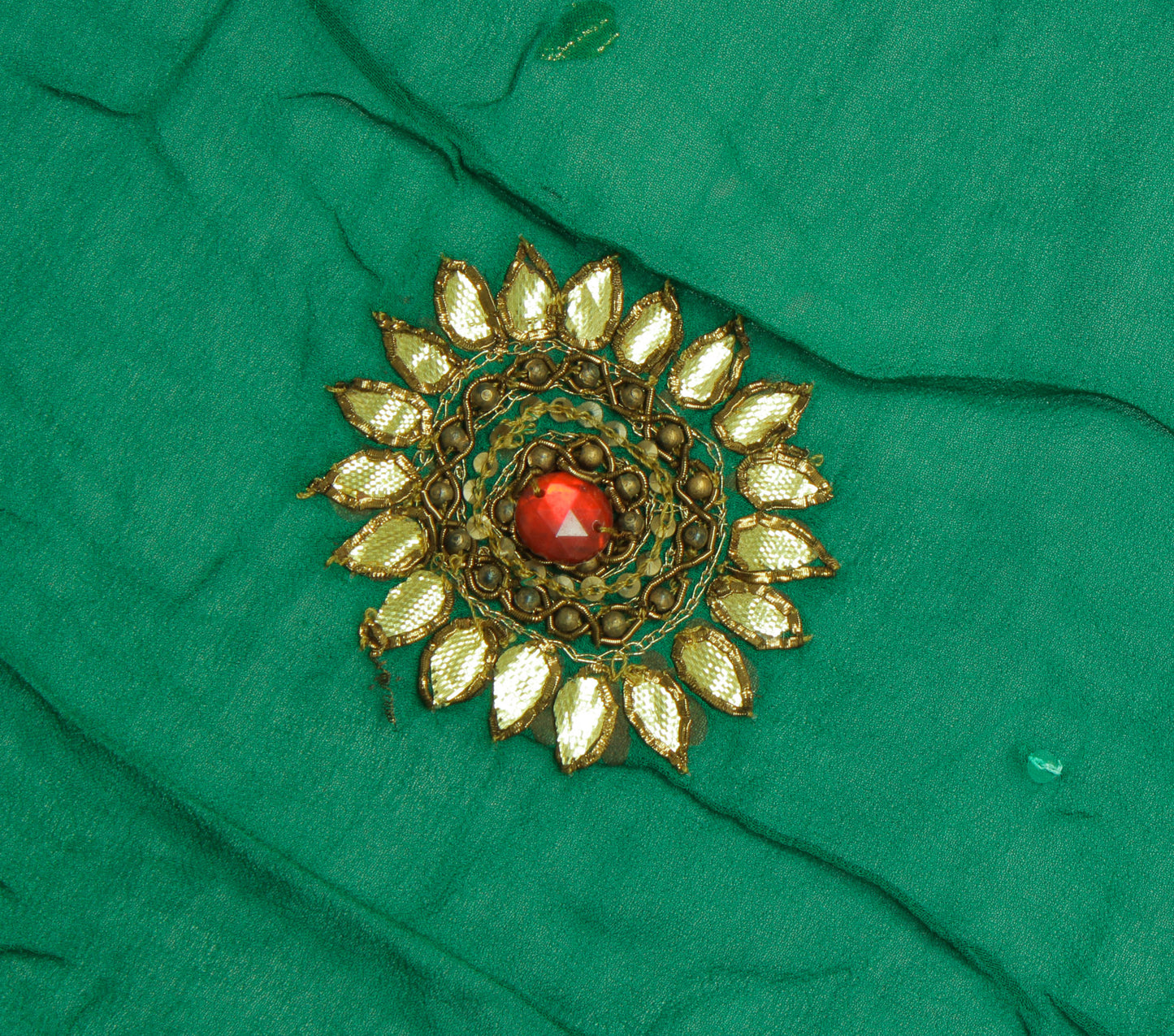 Sushila Vintage Green Sari Remnant Scrap Pure Georgette Hand Beaded Craft Fabric