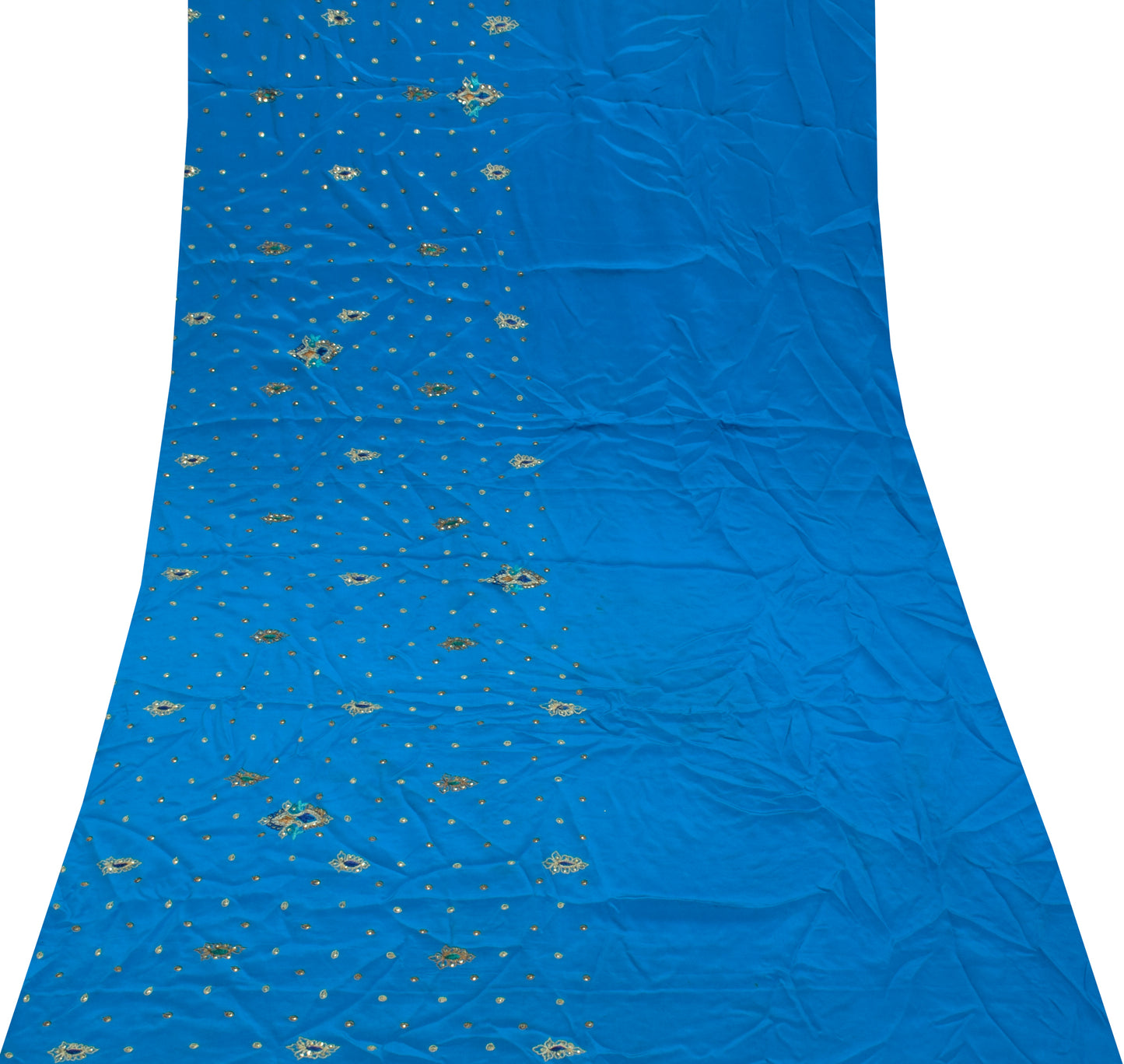 Sushila Vintage Blue Sari Remnant Scrap Pure Crepe Hand Beaded Craft Fabric