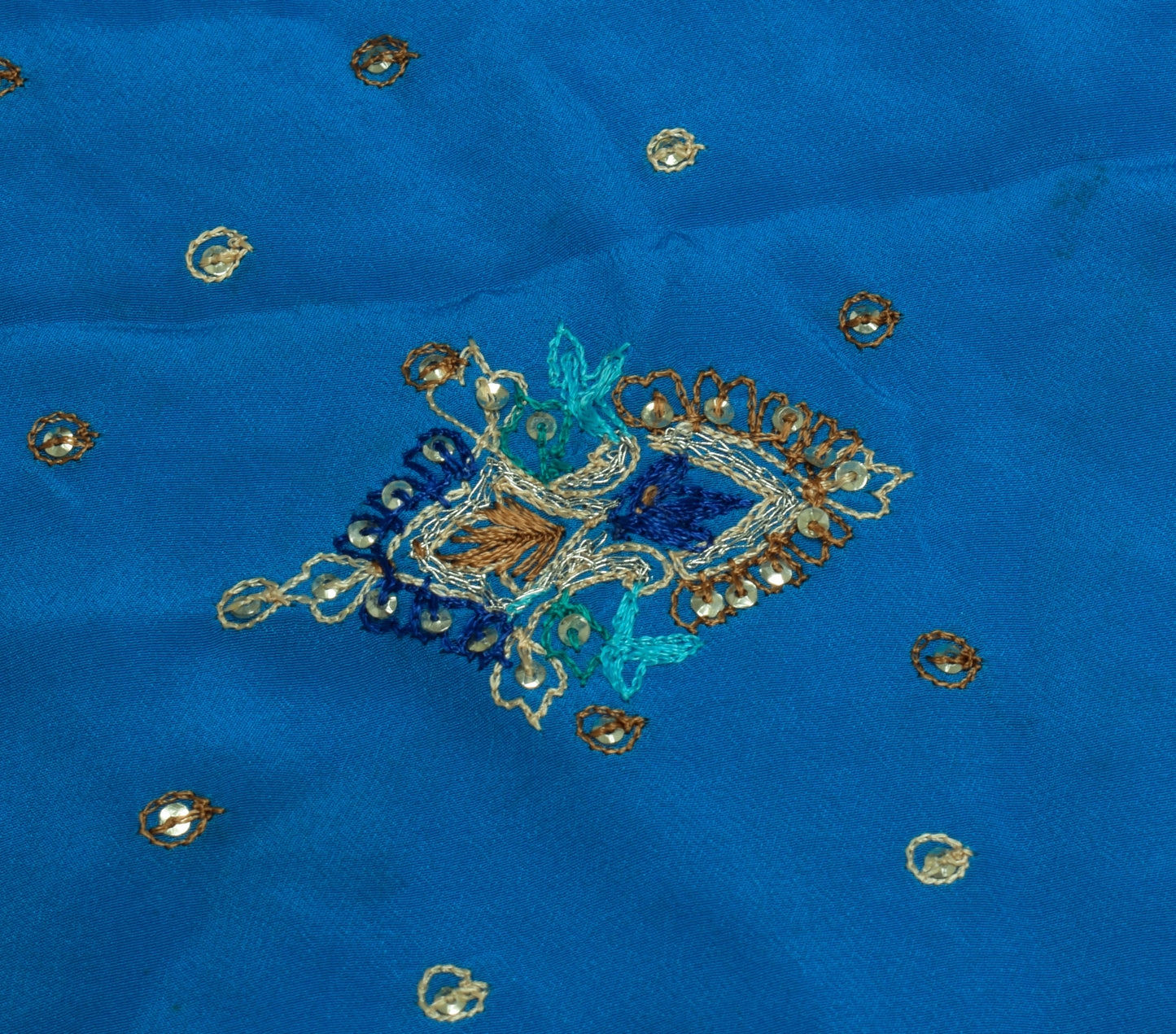 Sushila Vintage Blue Sari Remnant Scrap Pure Crepe Hand Beaded Craft Fabric