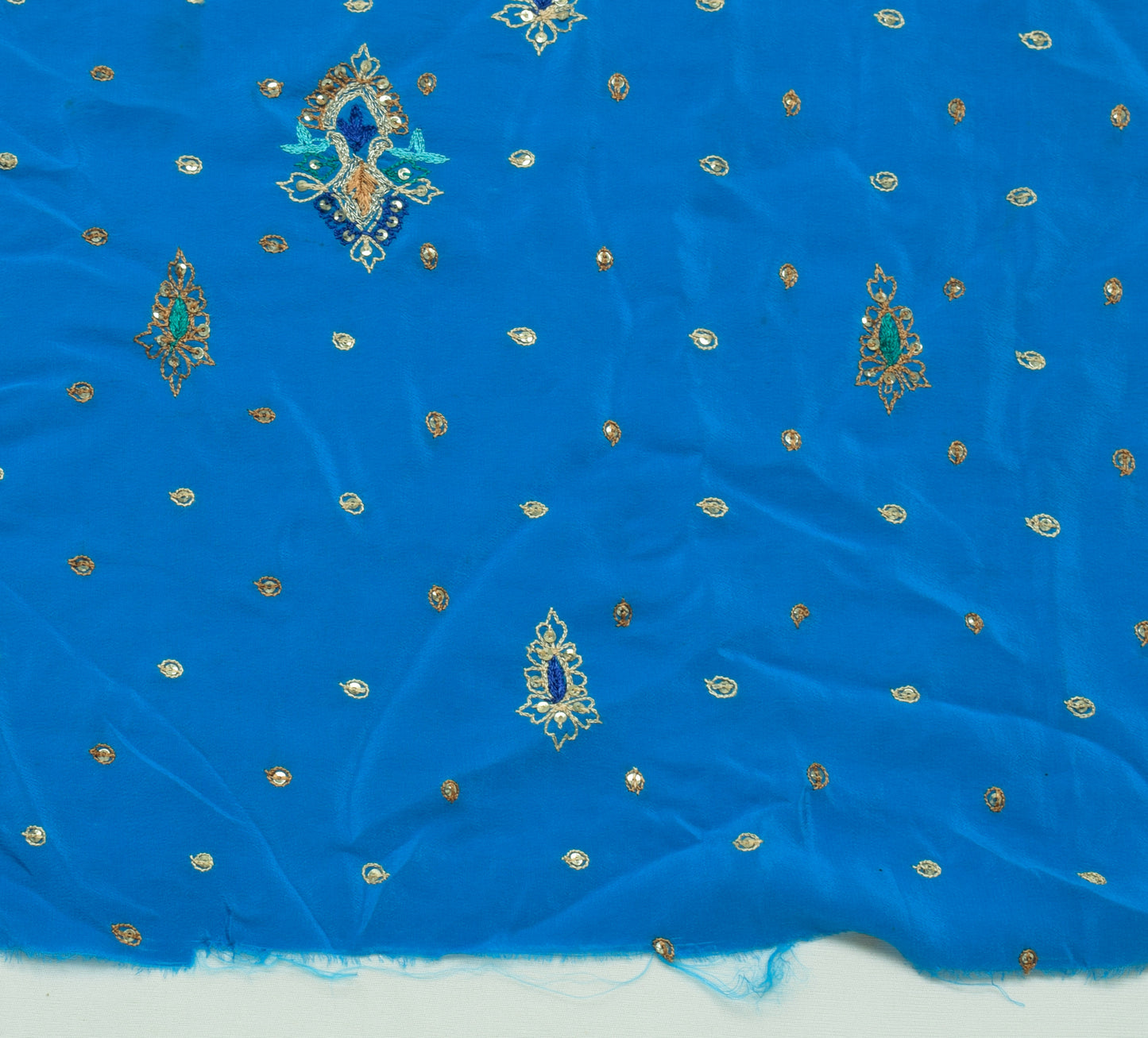 Sushila Vintage Blue Sari Remnant Scrap Pure Crepe Hand Beaded Craft Fabric