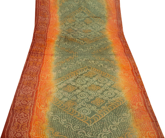 Sushila Vintage Green Sari Remnant Scrap Pure Georgette Printed Craft Fabric