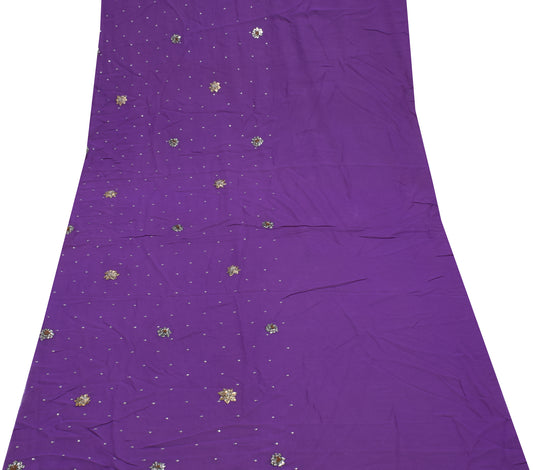 Sushila Vintage Purple Sari Remnant Scrap Pure Georgette Hand Beaded Fabric