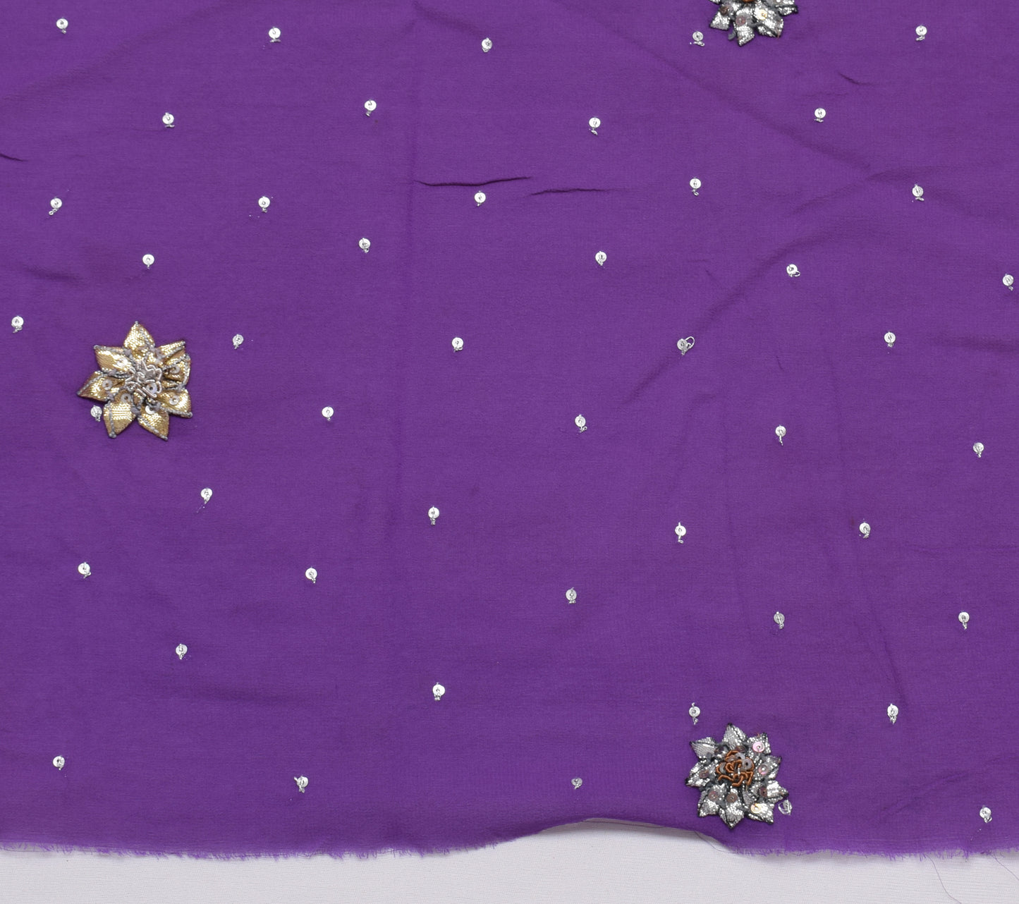 Sushila Vintage Purple Sari Remnant Scrap Pure Georgette Hand Beaded Fabric