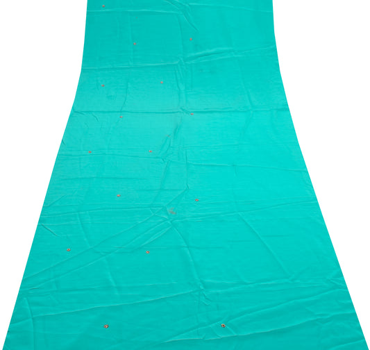 Sushila Vintage Blue Sari Remnant Scrap Pure Silk Hand Beaded Craft Fabric