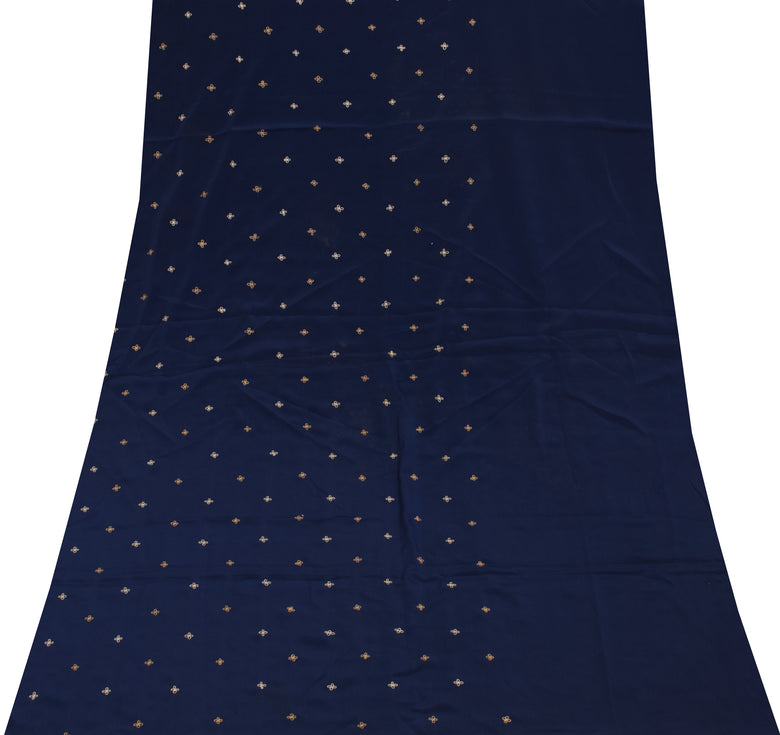 Sushila Vintage Blue Sari Remnant Scrap Blend Crepe Embroidered Craft Fabric