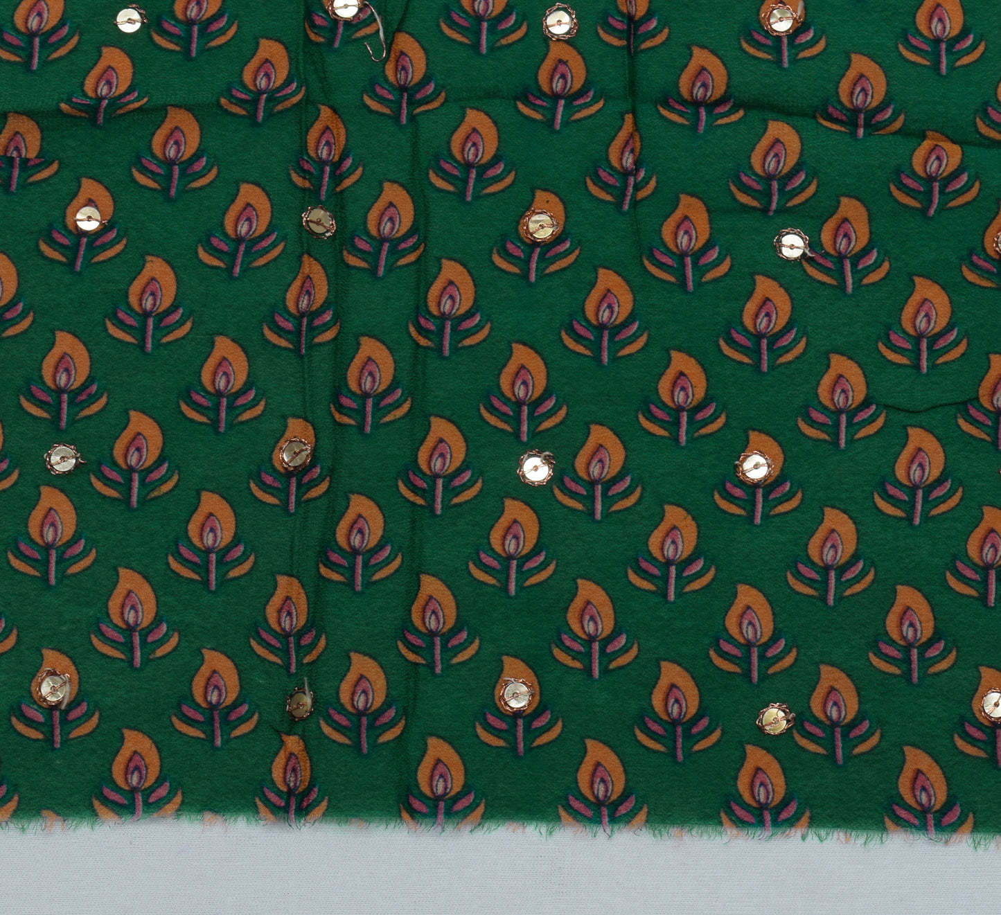 Sushila Vintage Green Sari Remnant Scrap Pure Georgette Printed Craft Fabric
