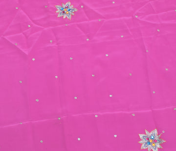 Sushila Vintage Dark Pink Sari Remnant Scrap Pure Crepe Embroidered Craft Fabric