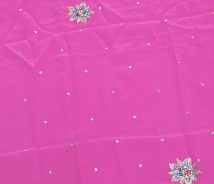 Sushila Vintage Dark Pink Sari Remnant Scrap Pure Crepe Embroidered Craft Fabric
