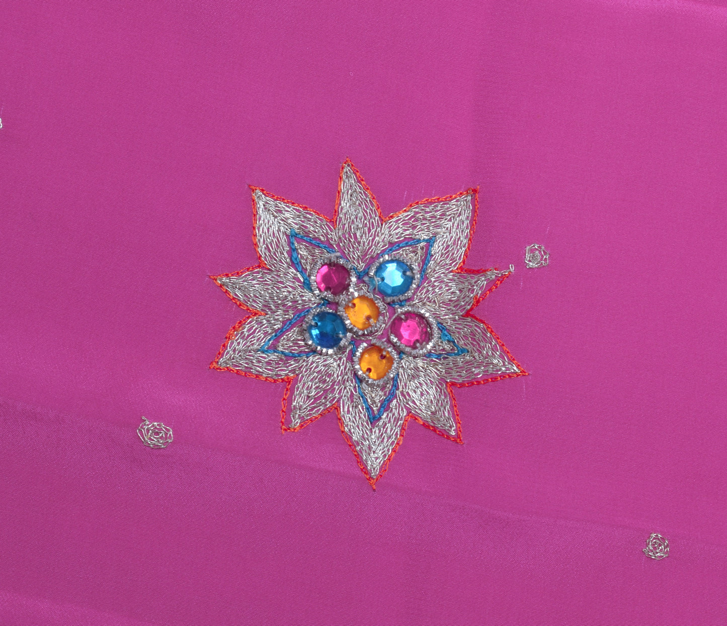 Sushila Vintage Dark Pink Sari Remnant Scrap Pure Crepe Embroidered Craft Fabric
