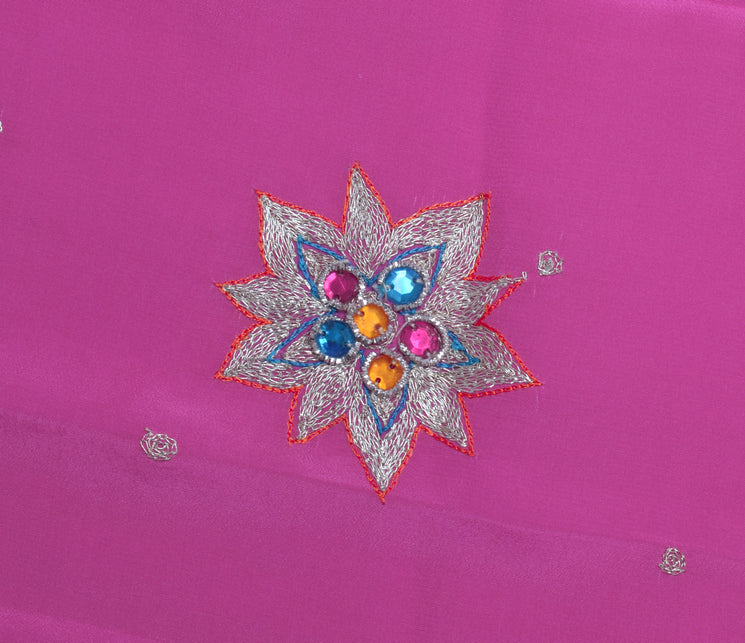 Sushila Vintage Dark Pink Sari Remnant Scrap Pure Crepe Embroidered Craft Fabric