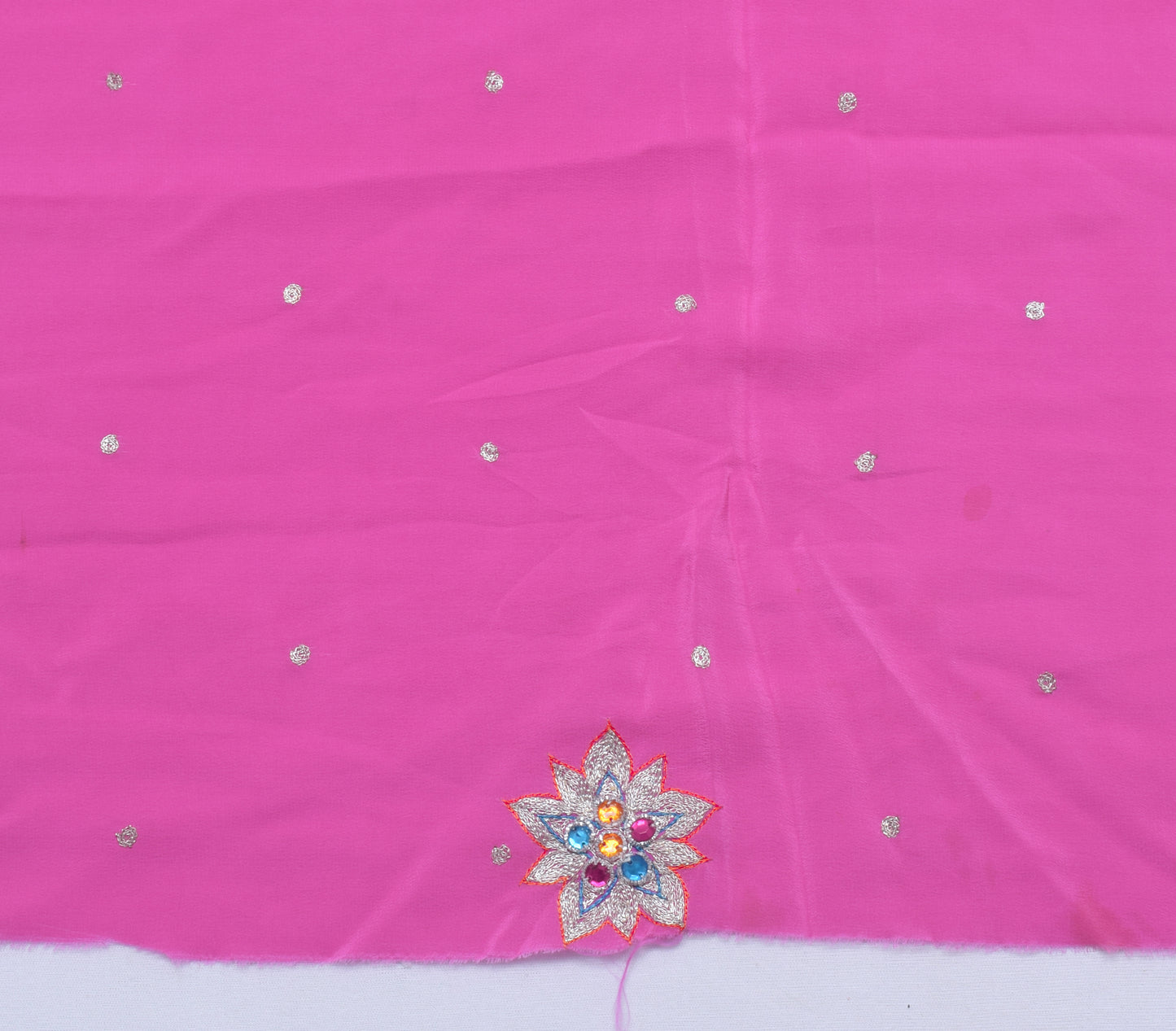 Sushila Vintage Dark Pink Sari Remnant Scrap Pure Crepe Embroidered Craft Fabric