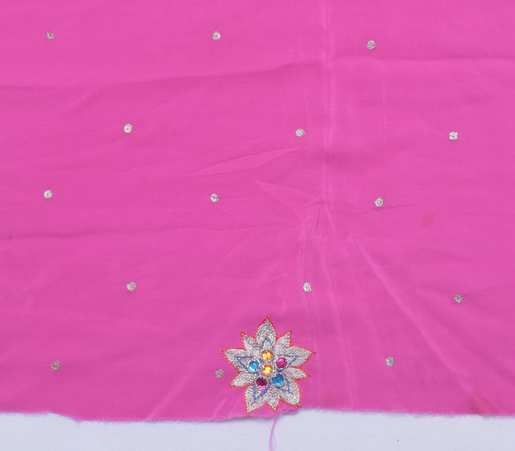 Sushila Vintage Dark Pink Sari Remnant Scrap Pure Crepe Embroidered Craft Fabric