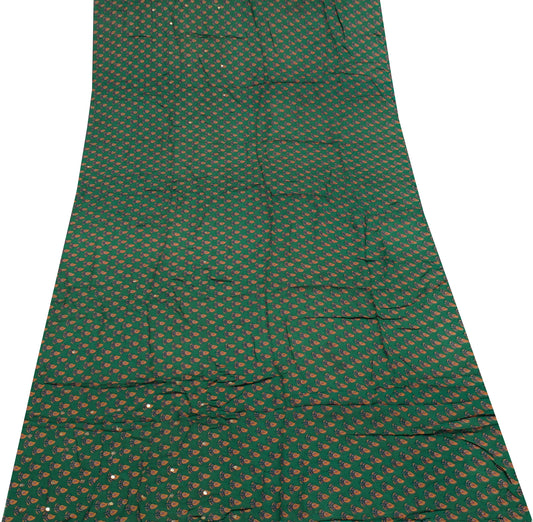 Sushila Vintage Green Sari Remnant Scrap Pure Georgette Printed Craft Fabric
