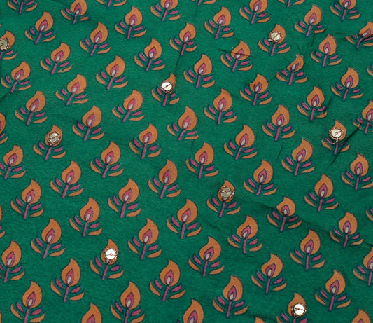 Sushila Vintage Green Sari Remnant Scrap Pure Georgette Printed Craft Fabric