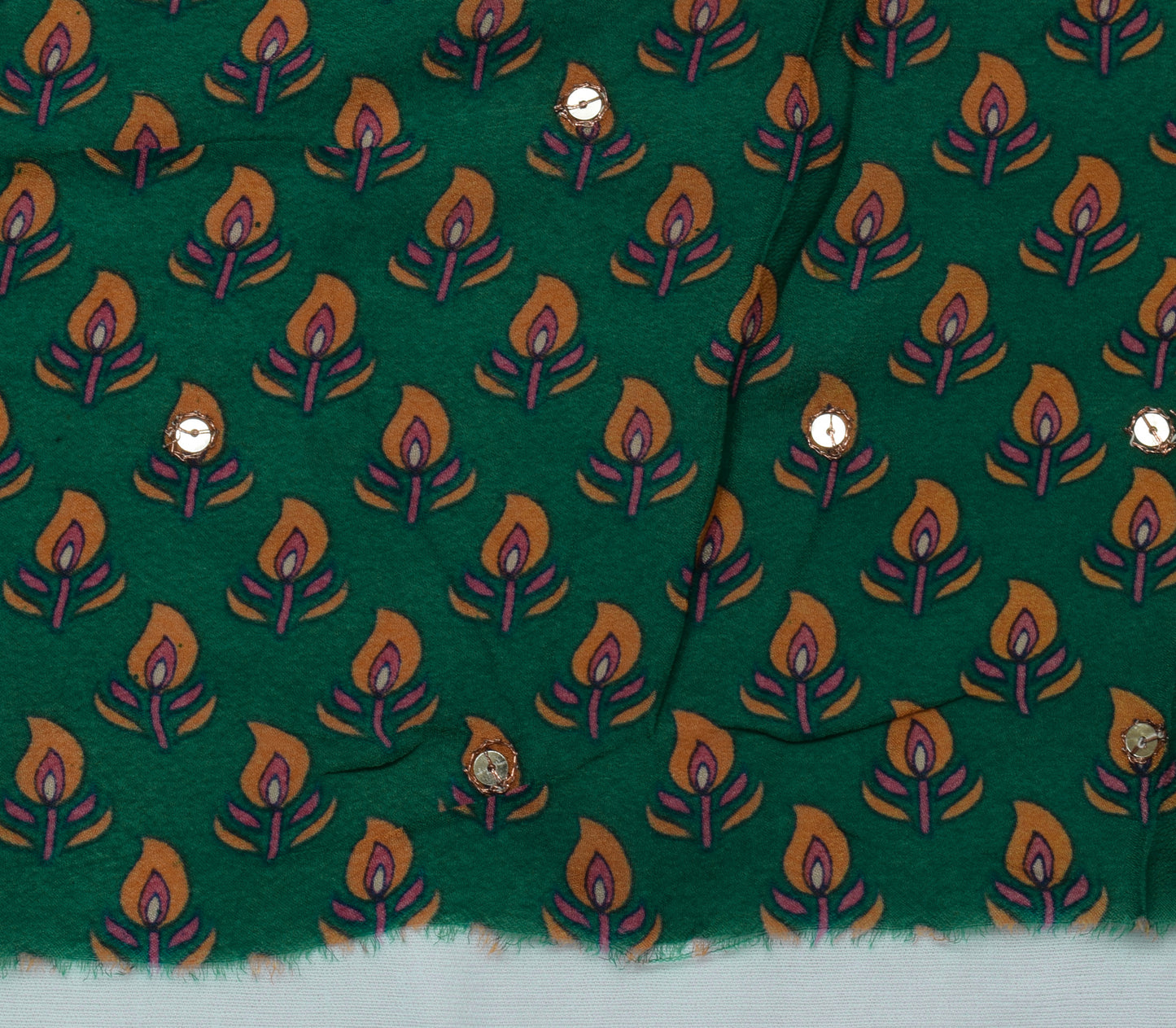 Sushila Vintage Green Sari Remnant Scrap Pure Georgette Printed Craft Fabric
