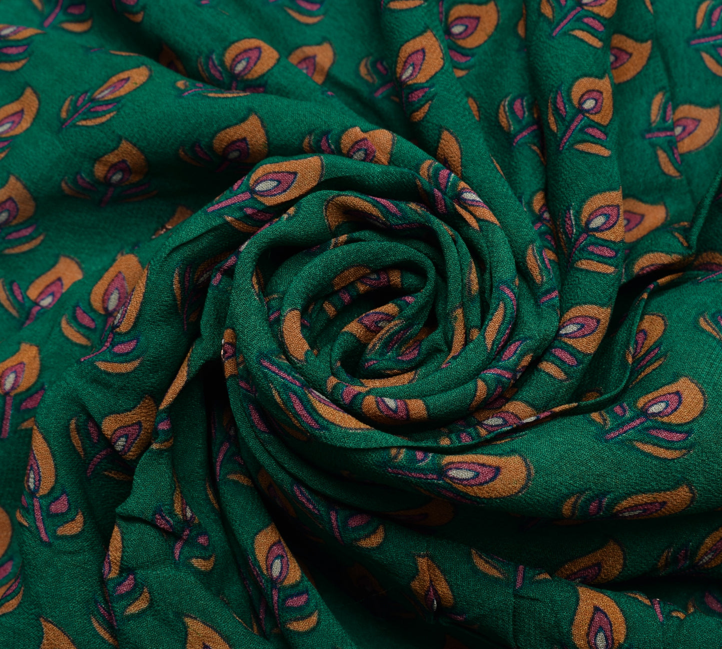 Sushila Vintage Green Sari Remnant Scrap Pure Georgette Printed Craft Fabric