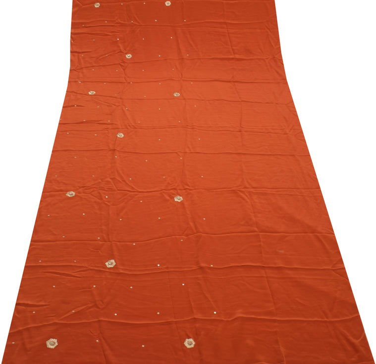 Sushila Vintage Rust Sari Remnant Scrap Pure Crepe Silk Embroidered Craft Fabric