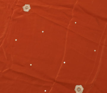 Sushila Vintage Rust Sari Remnant Scrap Pure Crepe Silk Embroidered Craft Fabric