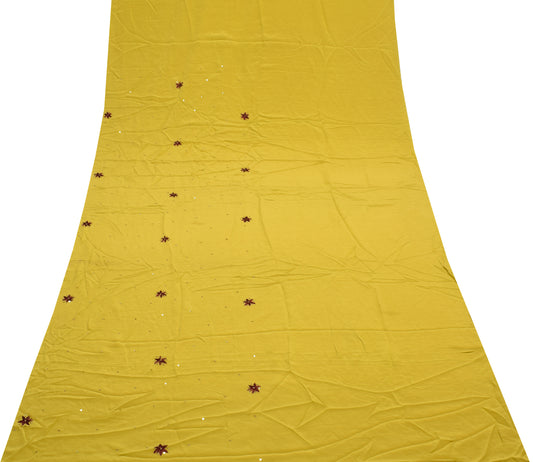 Sushila Vintage Mustard Sari Remnant Scrap Pure Crepe Hand Beaded Craft Fabric