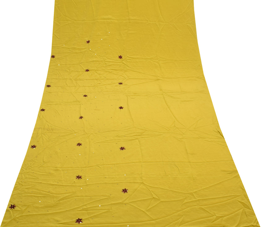 Sushila Vintage Mustard Sari Remnant Scrap Pure Crepe Hand Beaded Craft Fabric